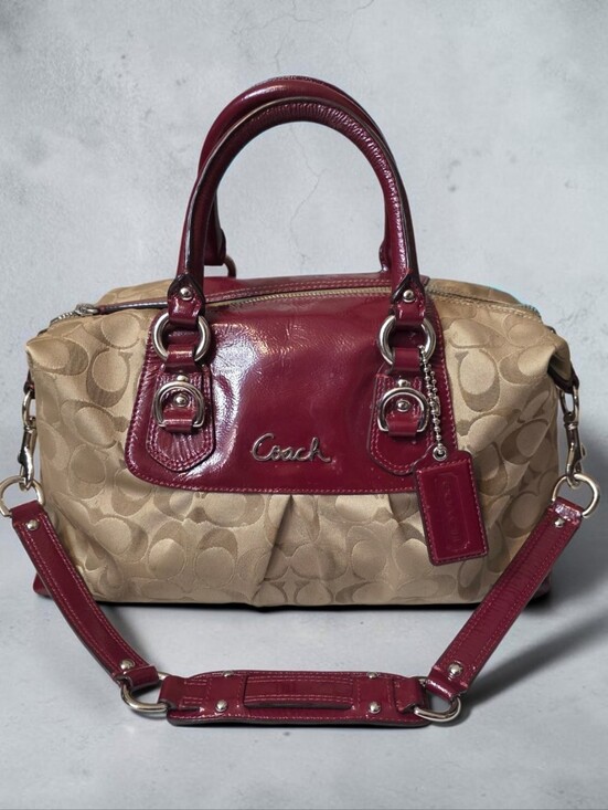 Coach Handbags - Coach Ashley Signature Satchel in Burgundy Patent Leather